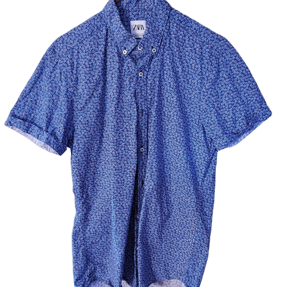 Zara Slim Fit Button Down Shirt Size Medium Short Sleeve Floral Blue